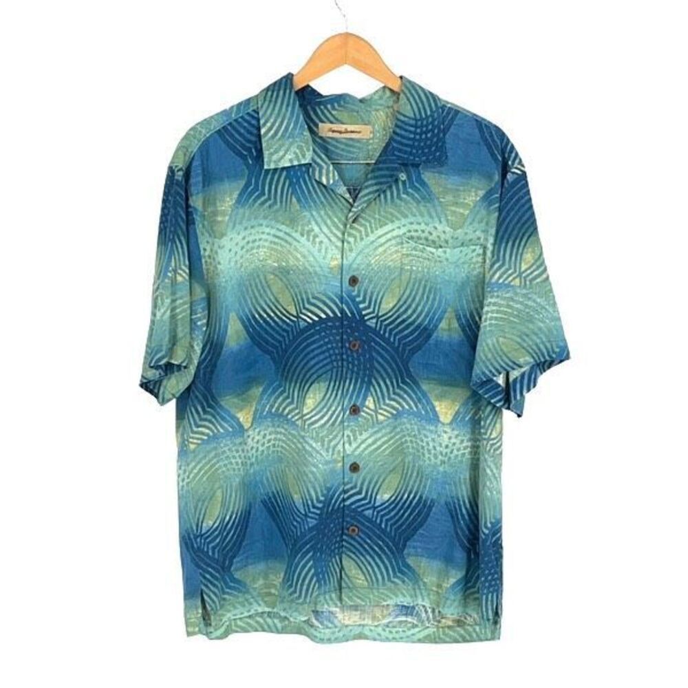 Tommy Bahama Mens Silk Short Sleeve Hawaiian Button Up Shirt Blue Green Large